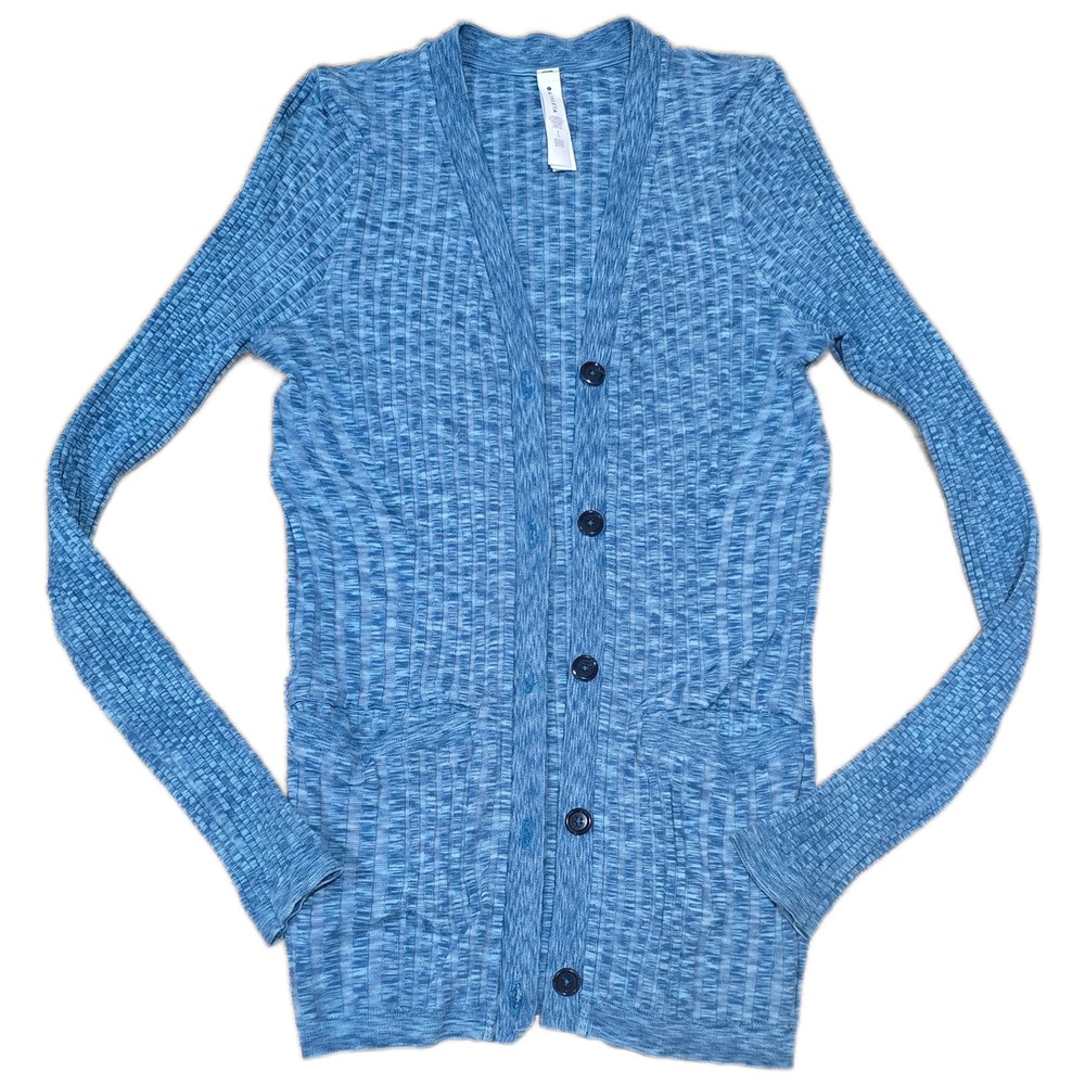 Athleta Revolve Cardigan Blue Marled Knit V-Neck Button Front Pockets Size S‎